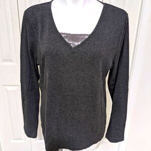 NWOT Karen Scott Long Sleeve V-Neck Top w/ Silver Sequin Accent